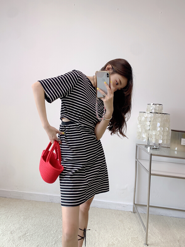 [Vanessa] Korean design, waist striped T-shirt dress 6214# ozq