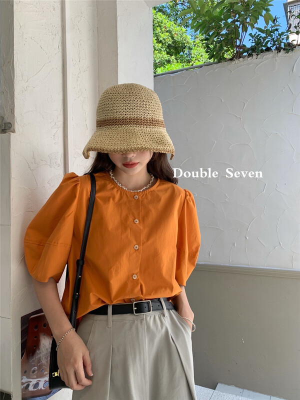 New in early summer! [double seven] Korean round neck bubble sleeve sweet blouse 28636# zxx