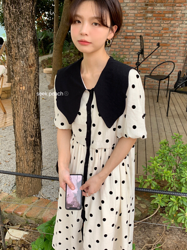 New in early summer! [seek peach] Korean doll neck flocking polka dot dress 5152# ll