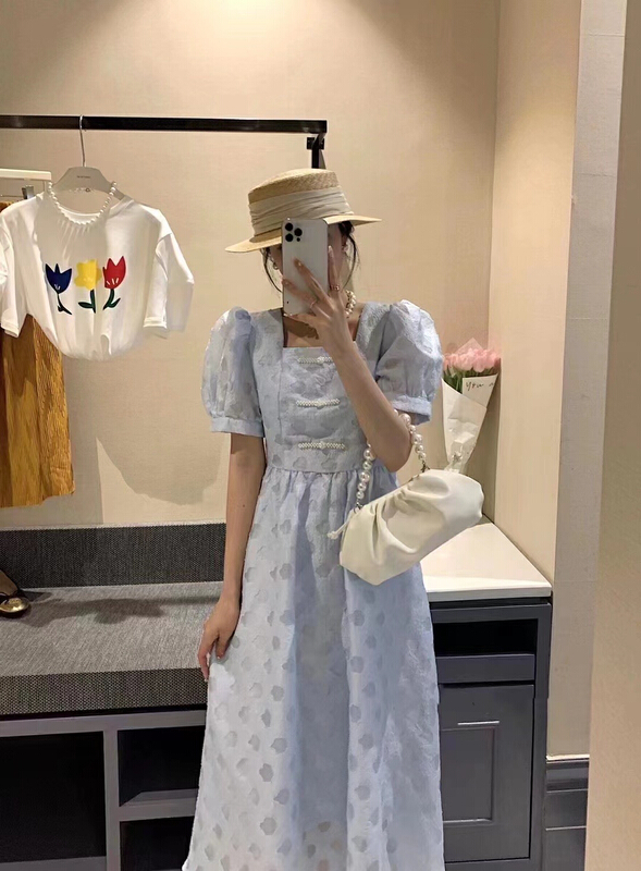 [Yingying new clothes] square neck jacquard waist closing dress 7442# Cl
