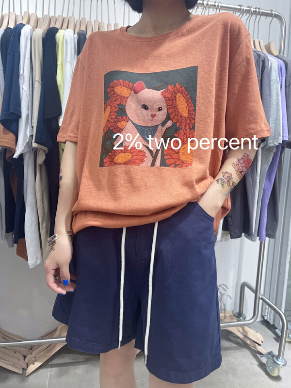 [two percent] fashion cat print short sleeve T-shirt 1029# LSL