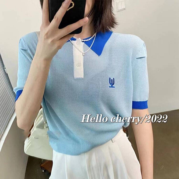 [Hello cherry] fashion contrast polo collar T-shirt 2326# WTT