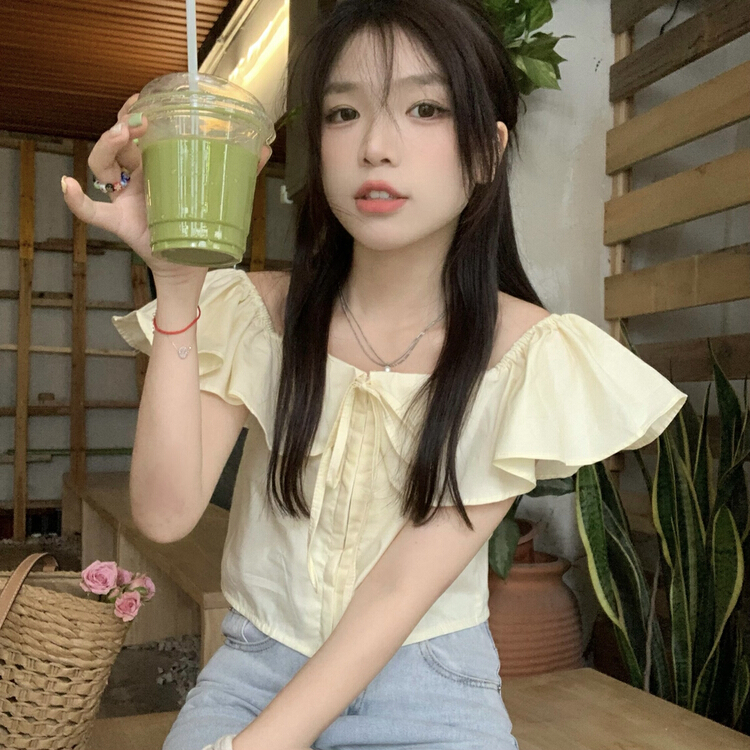[timely rain] Han Feng's sweet one line shoulder exposed collarbone shirt 04779# WPL