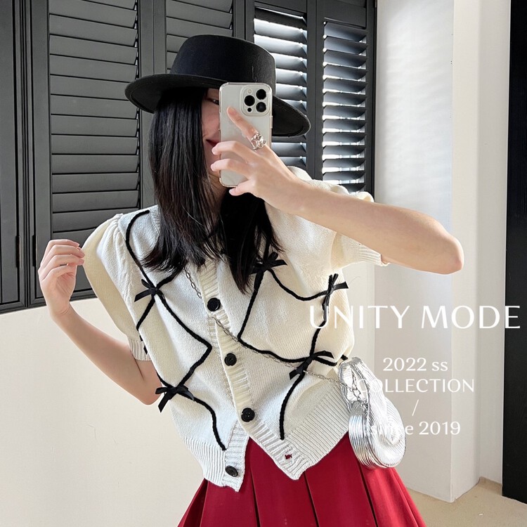 [unit] xiaoxiangfeng bow short sleeved knitted cardigan 8520# cqw