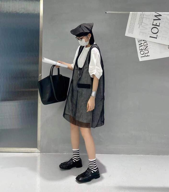 [Lily] simple bubble sleeve T-shirt + solid color vest dress set 5171# XJ