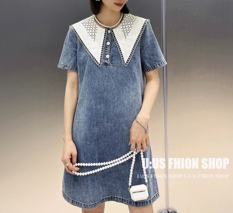[UUS] pointed collar stitching versatile denim dress 221858# zyh