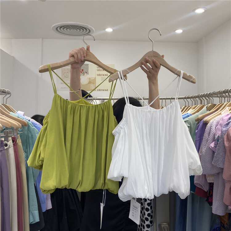 [M queen] Korean solid color pleated suspender shirt 6271# HBx