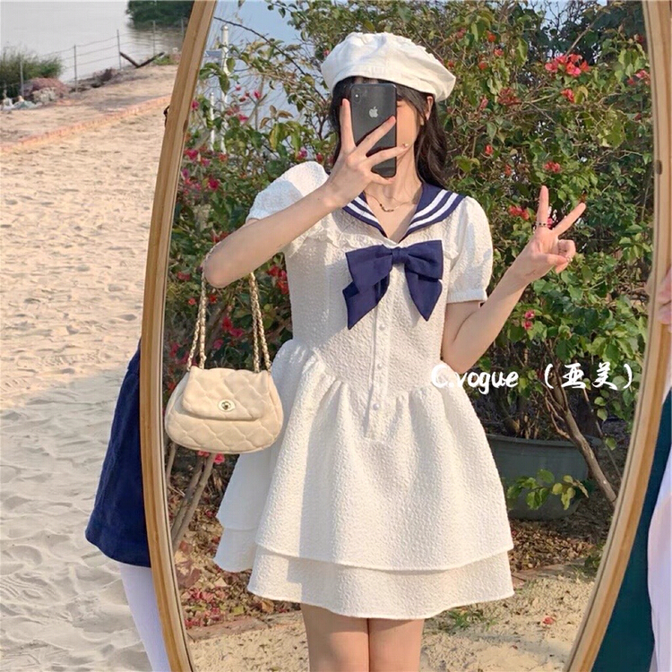 New in early summer! [c.vogue] college style Navy collar dress (with Brooch) 29310# PCZ