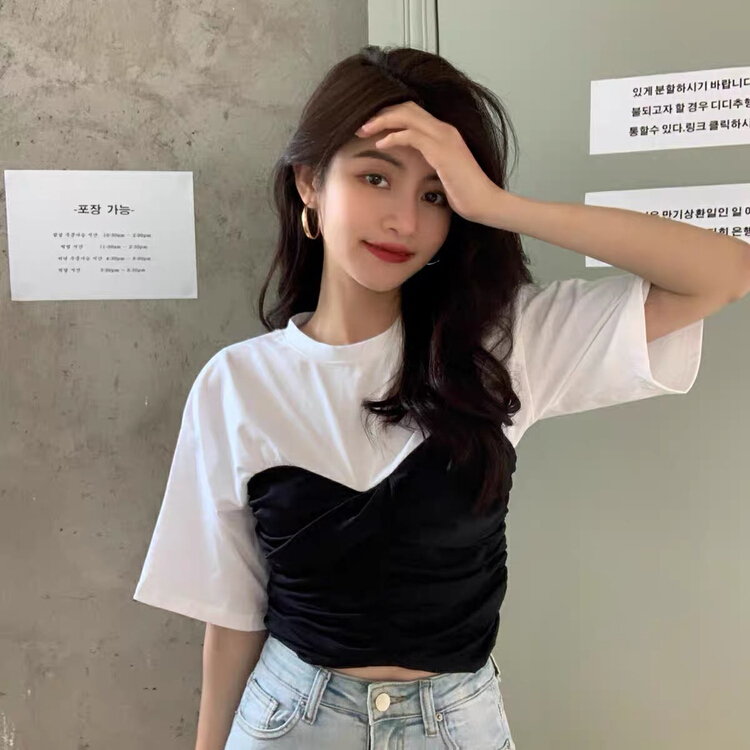 goods in stock! [yes] Korean slim fit fold stitching fake two short sleeved T-shirt 3027# ozq