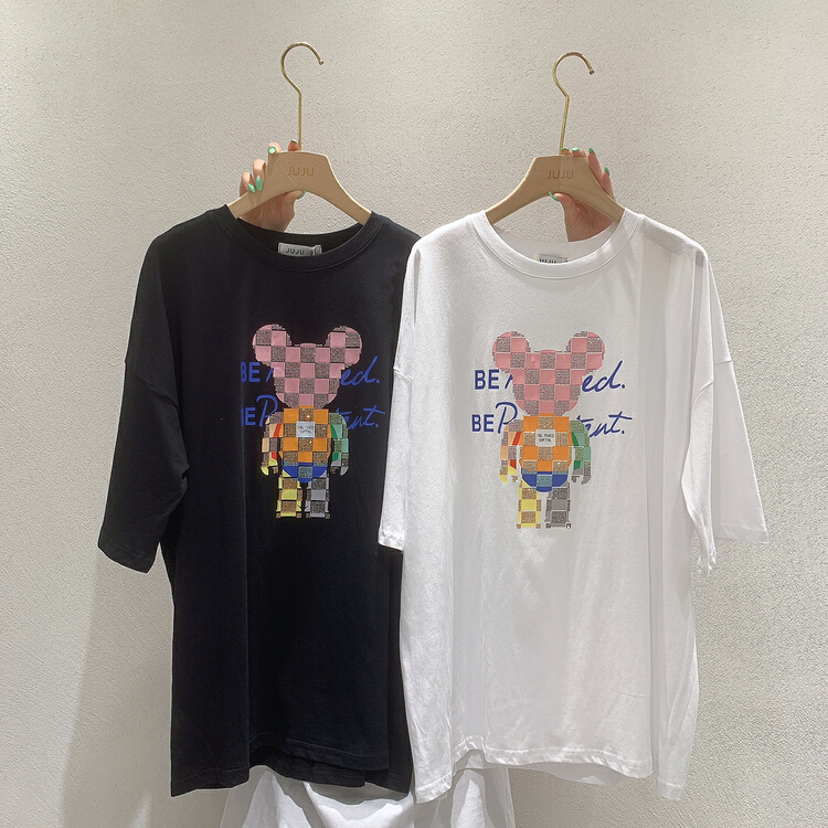 [Juju] bear round neck loose short sleeve T-shirt 90015# LSL
