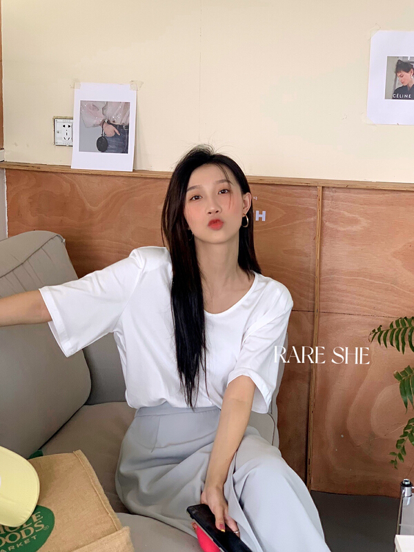 [rare she] simple version with shoulder cotton V-neck short sleeve T-shirt 5173# LSW