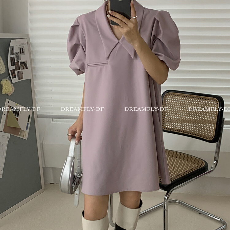 [dream fly] Korean casual loose Lapel versatile dress 61220# XJ