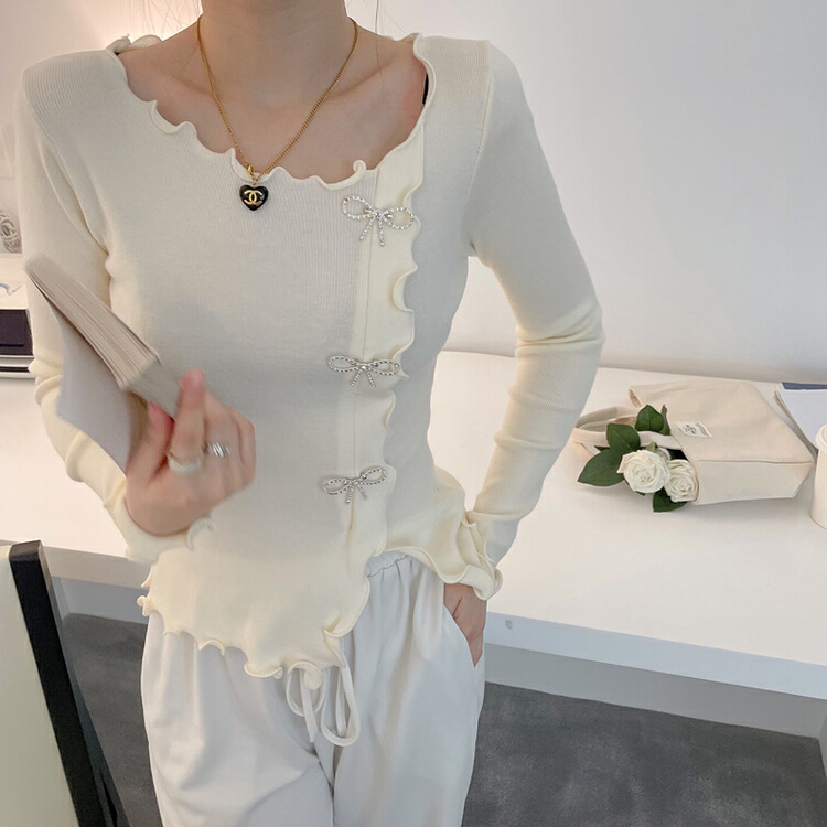 [LML] design wooden ear bow chic split Korean sweater 0623# ozq