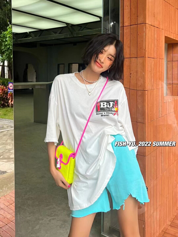 [fish Yu] crew neck loose print short sleeve T-shirt 22137# LSL