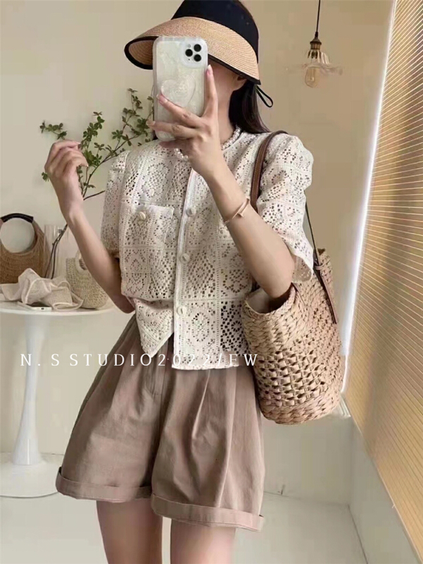 [N.S] vintage style single breasted hollow out blouse 867# WPL