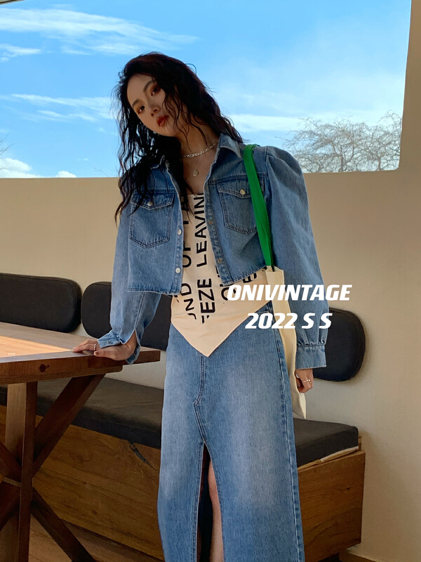 [onivinage oni] French style bubble sleeve short denim jacket ys1-ol222l4689# zxl