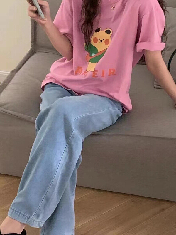New in early summer! [HH] casual cartoon cute bear letter printed loose short sleeve T-shirt 6675# L