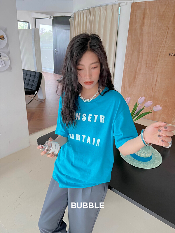 New in early summer! [bubble] two row letters lacquer printing short sleeve T-shirt 22t065# ozq