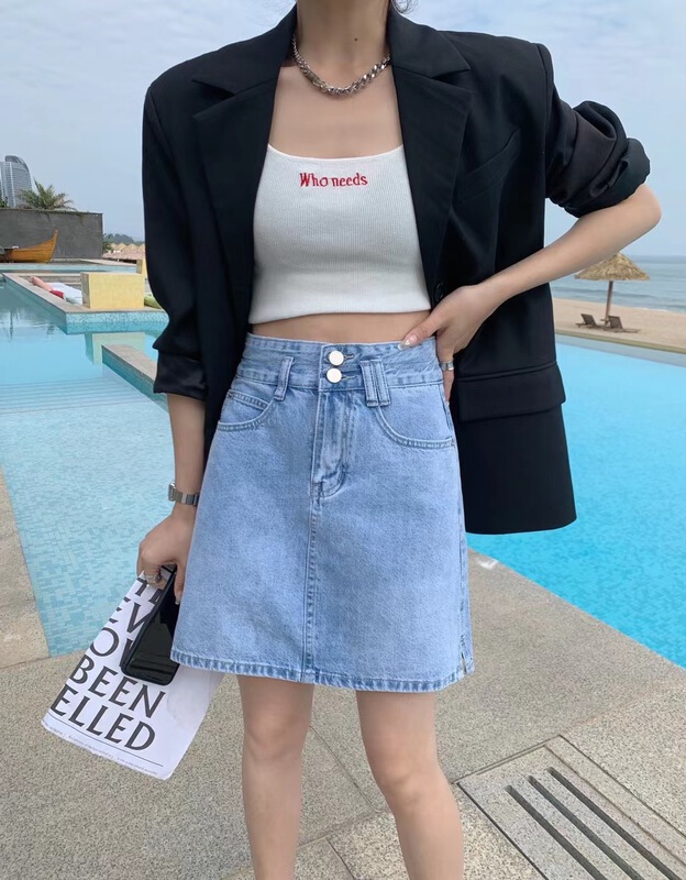 goods in stock! [Qiqi] Korean versatile double button denim skirt 6126# cqw