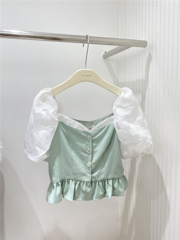 New in early summer! [alixuan] French style square neck bubble sleeve single breasted blouse 1602# WPL