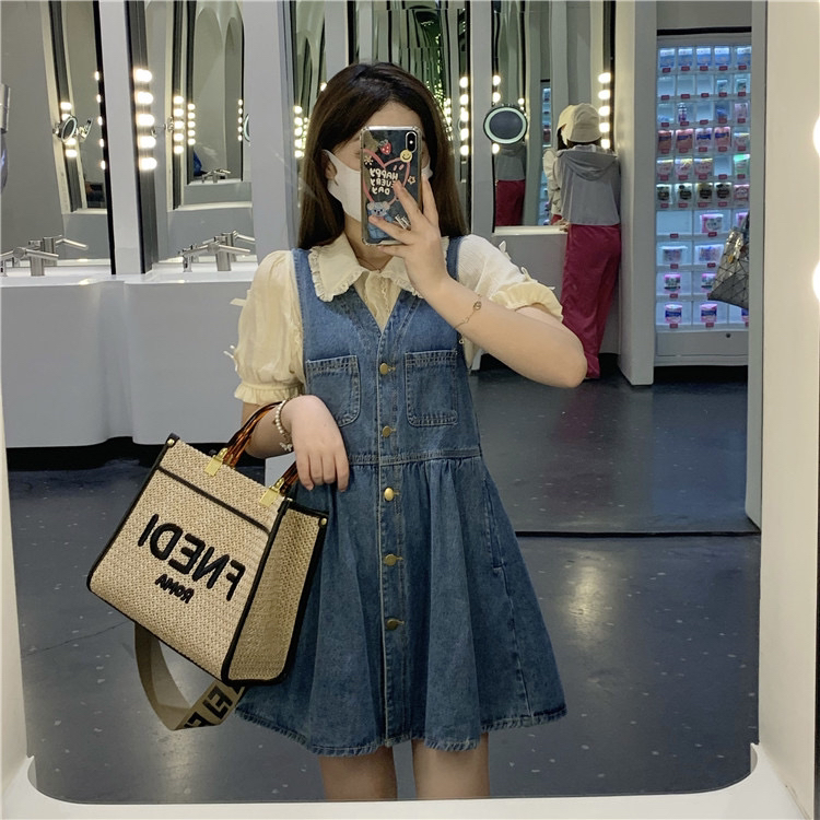 [Huaxi] fashion denim strap skirt + Japanese bow tie blouse set 8729# PCZ