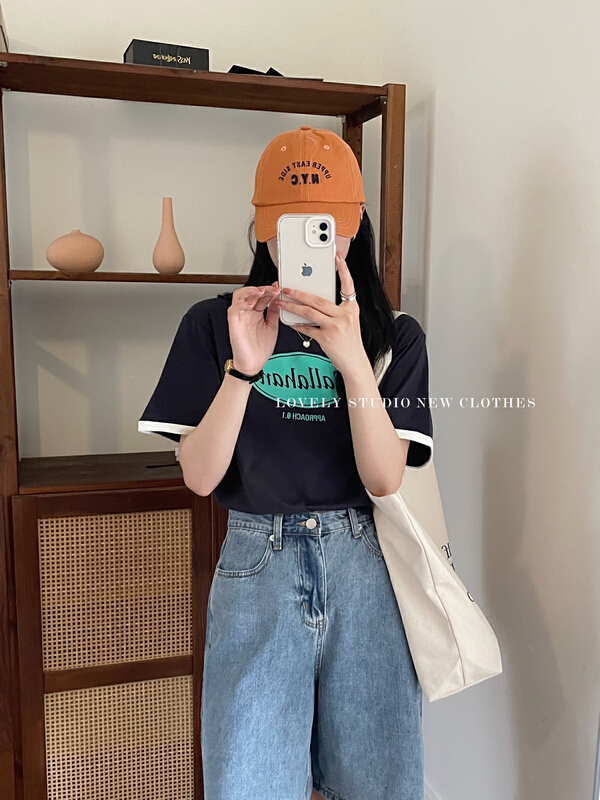 "LOVELY" Korean contrast round neck printed short sleeve T-shirt Z1123# HBX