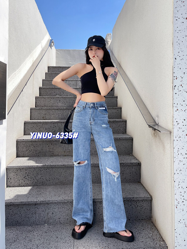 [Yinuo Yinuo denim] hole loose Korean wide leg jeans 6335# ZSY