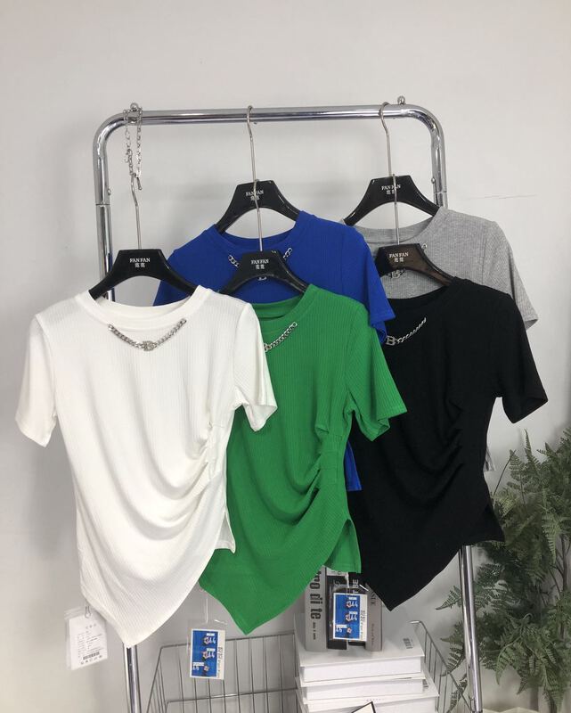 [Baobao] chain design wrinkled irregular hem short sleeve T-shirt (with chain) 5533\ozq