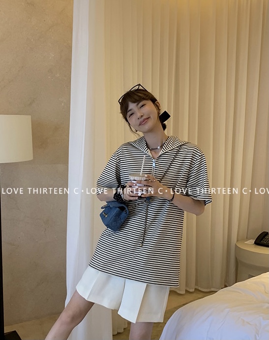 [Gu Wan] Korean Navy collar stripe short sleeve T-shirt 5676# zxx