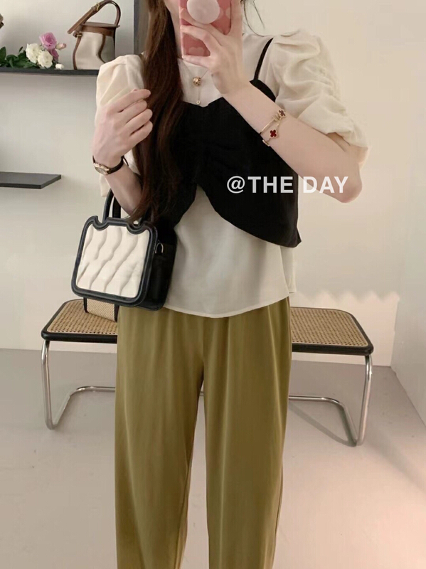[the day] Korean style bubble sleeve shirt + vest suit 8970# ll