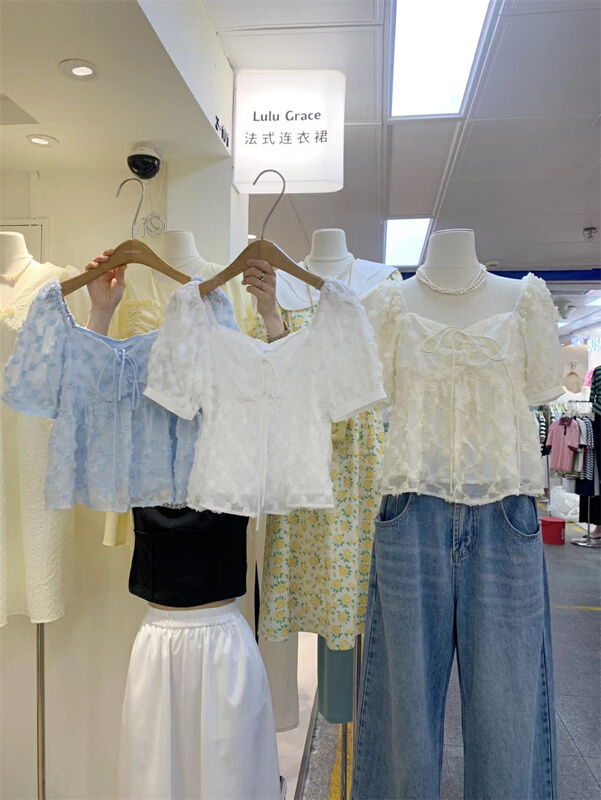 [Lulu grace] Korean style small fresh drawstring lace up bubble sleeve sweet little shirt 6316# zjy