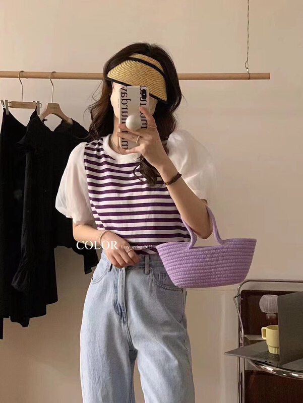 Original price 48.50! New in early summer! [xiaokoujia] Korean classic stripe bubble sleeve shirt 80522# WTT