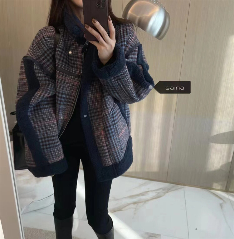 goods in stock! [Saina fashion] Vintage Plaid Fleece Jacket m1009# CLS