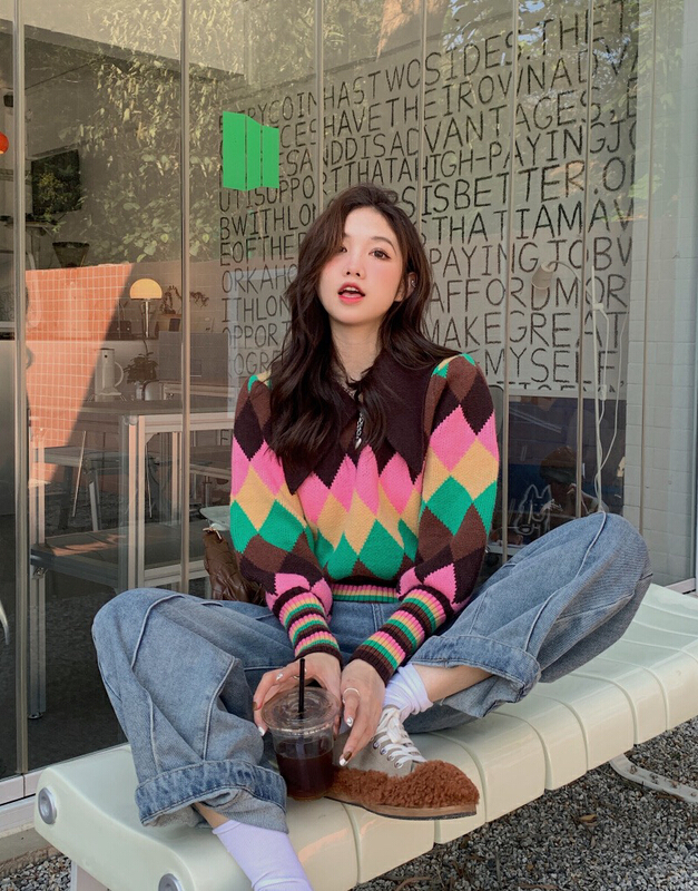 New year in early spring! [timely rain] Han Feng ins retro contrast Lingge warm sweater 17047# jhy