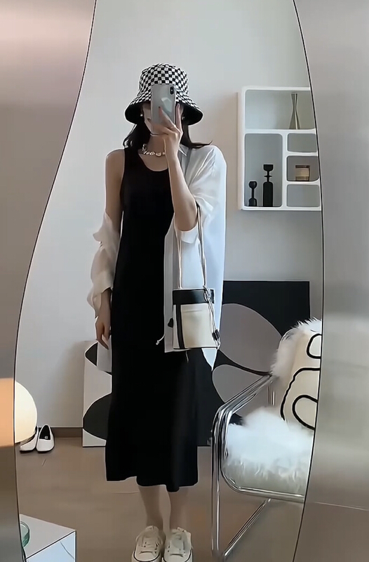 [JH] solid color loose back slit sunscreen shirt + slim vest skirt two piece suit 41652# PCZ