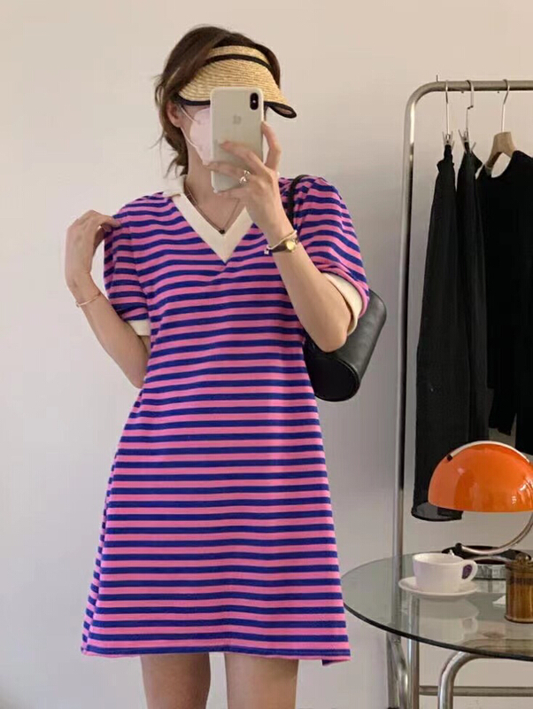 [bobi] color matching small Lapel V-neck stripe dress 8891# hjy