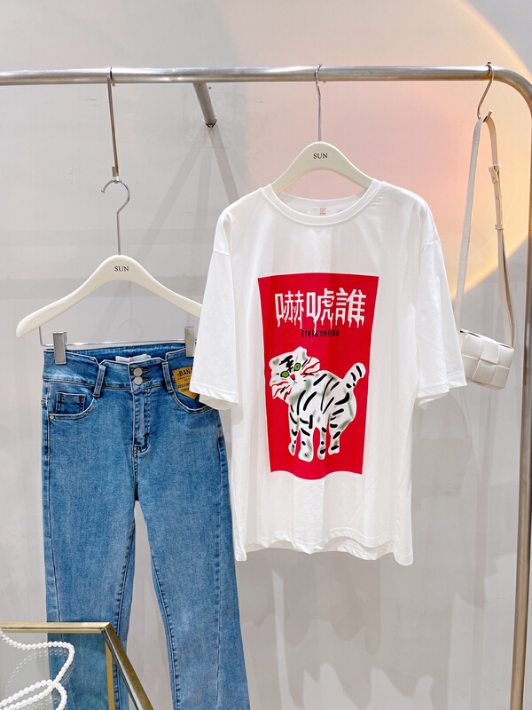 [sun] cat print versatile loose short sleeve T-shirt (T-shirt only) 836# lwy