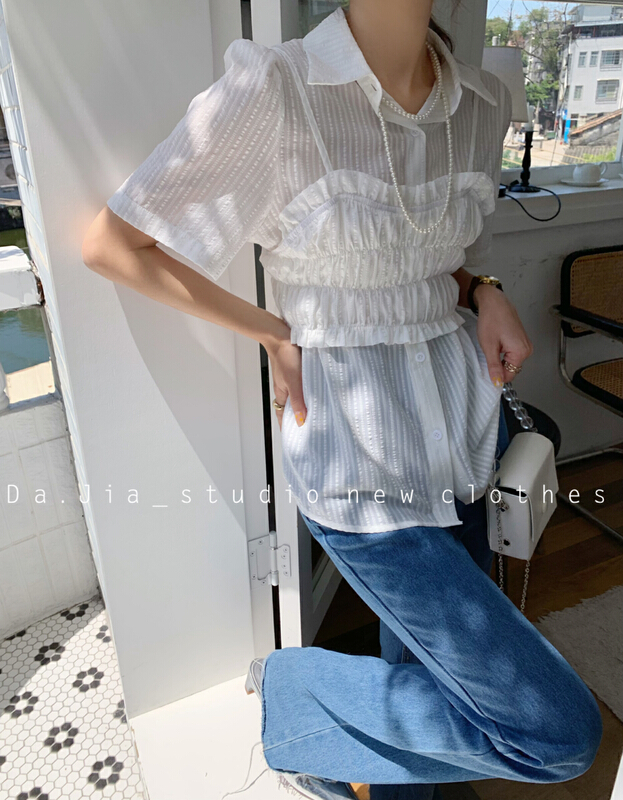 [Dajia] Korean stripe versatile solid + Fashion suspender vest suit 22281\cls