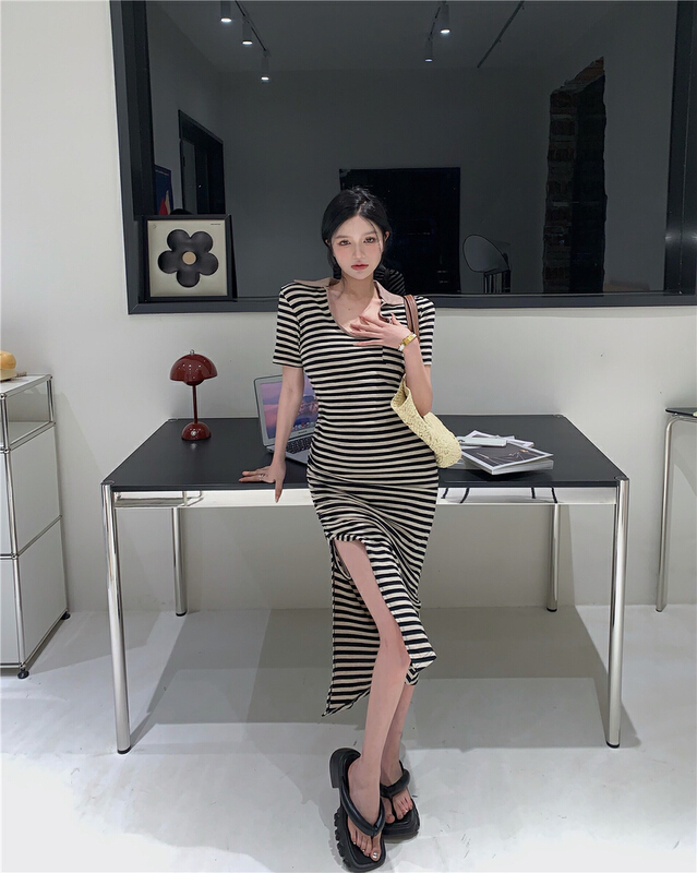 [blue show] Korean stripe casual U-neck dress 1001# LSW