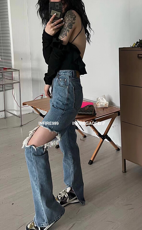 goods in stock! New in early summer! [c.h.z] slim straight jeans with holes on the side 20323# WTT