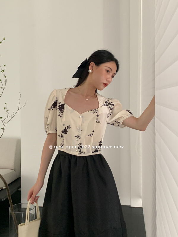 [new open] bubble sleeve Korean loose retro sweet versatile short shirt my22738# zxl
