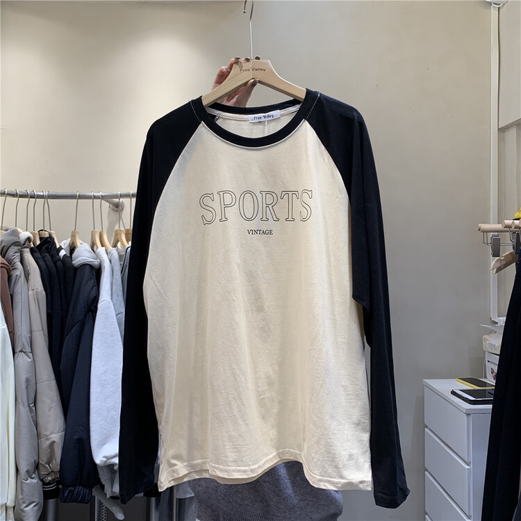 New year in early spring! [free Valley] Korean color blocking design letter printing loose long sleeve T-shirt 4639# LSW