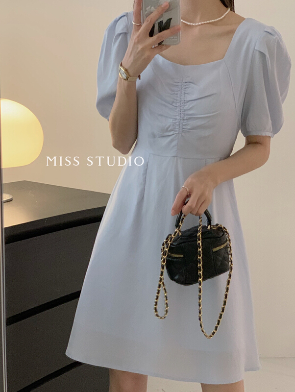 [miss miss miss home] chest pleated bubble sleeve Tencel dress w305# zjy