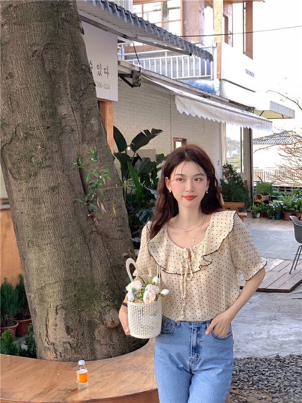 goods in stock! New in early summer! [timely rain] Han Feng ins sweet design wave point fungus lace up short sleeve shirt 99973# WPL