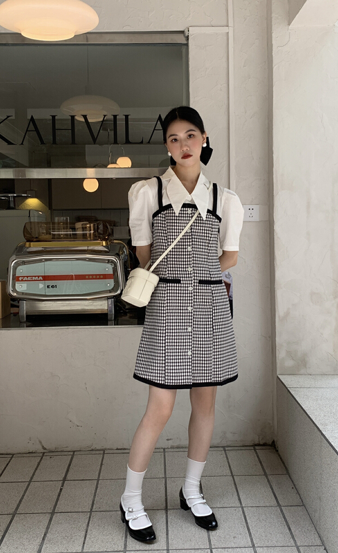 [new open] Vintage stitching fake two Plaid Dress xl22785# zxl