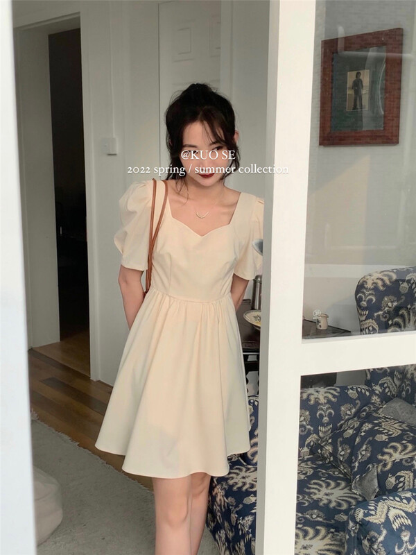 [kuose kuser] French square neck bubble sleeve waist short skirt dress (with detachable bow) 92028# WPL