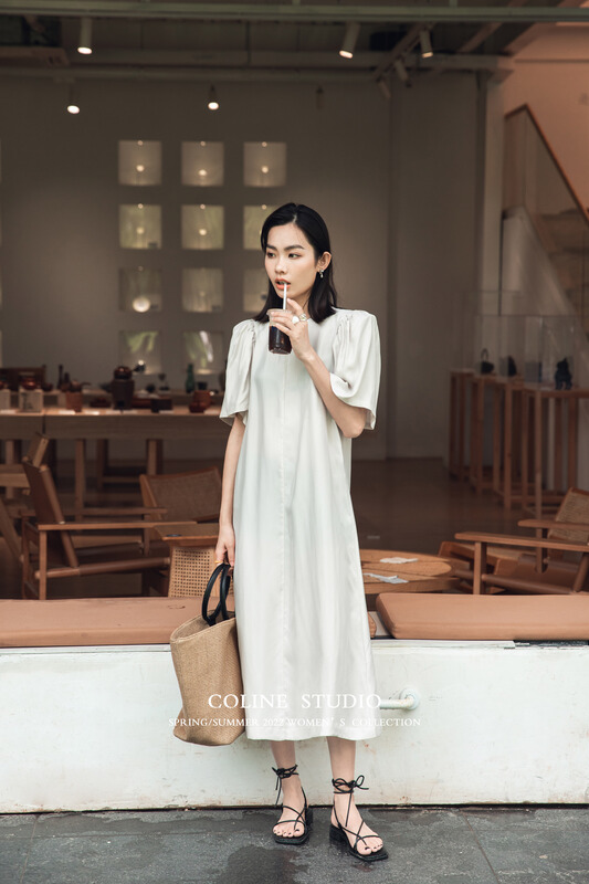 [Coline] round neck lady bubble sleeve dress c2144b# hyy