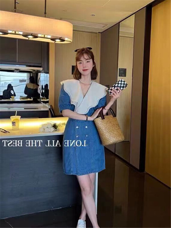 goods in stock! New in early summer! [Xiangli] temperament contrast color lotus leaf collar double breasted stitched denim dress 9169# PCZ