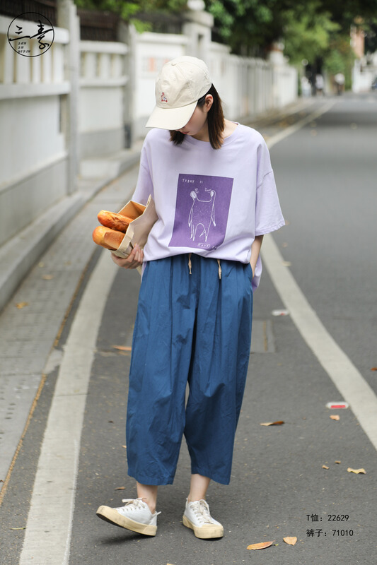 [original three element clothing] round neck loose print short sleeve T-shirt 22629# XYJ