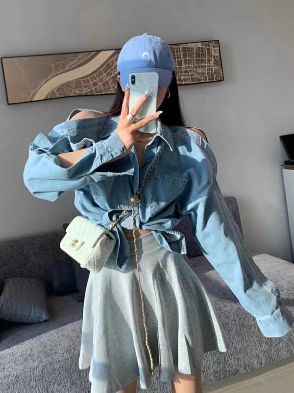 [c.h.z] design sense off shoulder Vintage casual denim shirt 90656# WTT